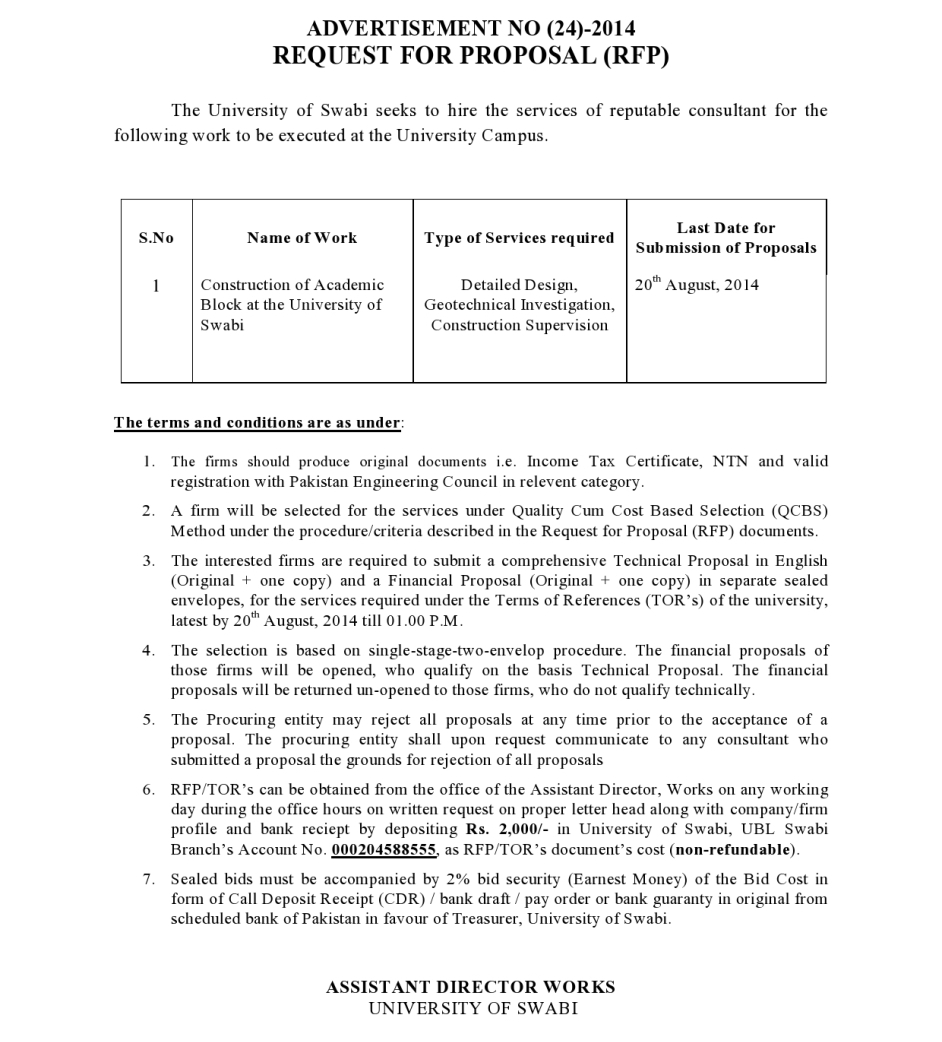 ADVERTISEMENT NO (24)-2014 REQUEST FOR PROPOSAL (RFP)