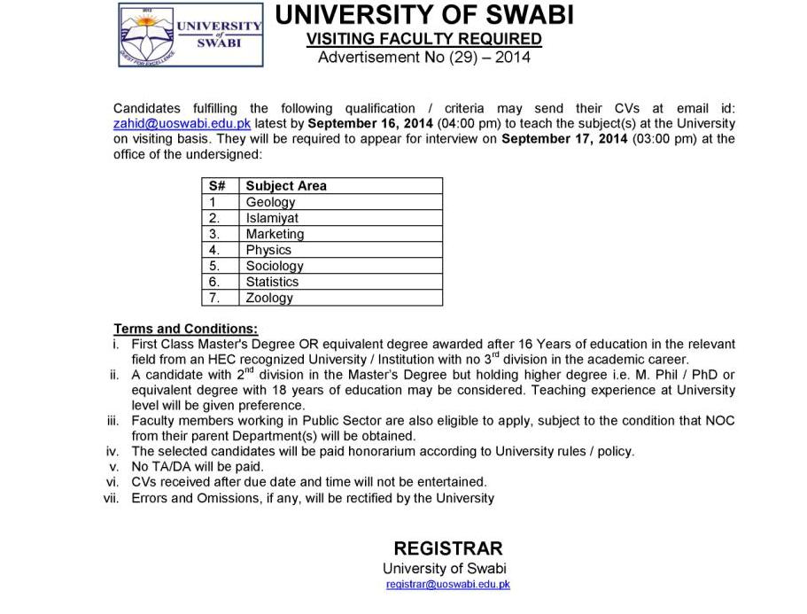 VISITING FACULTY REQUIRED Advertisement No (29) 2014