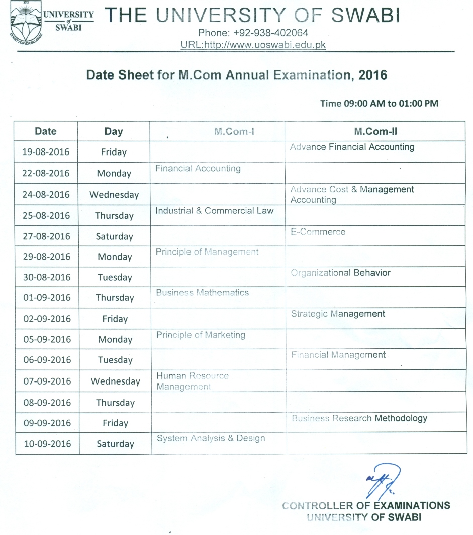 Date Sheet for M.Com Annual Examination 2016