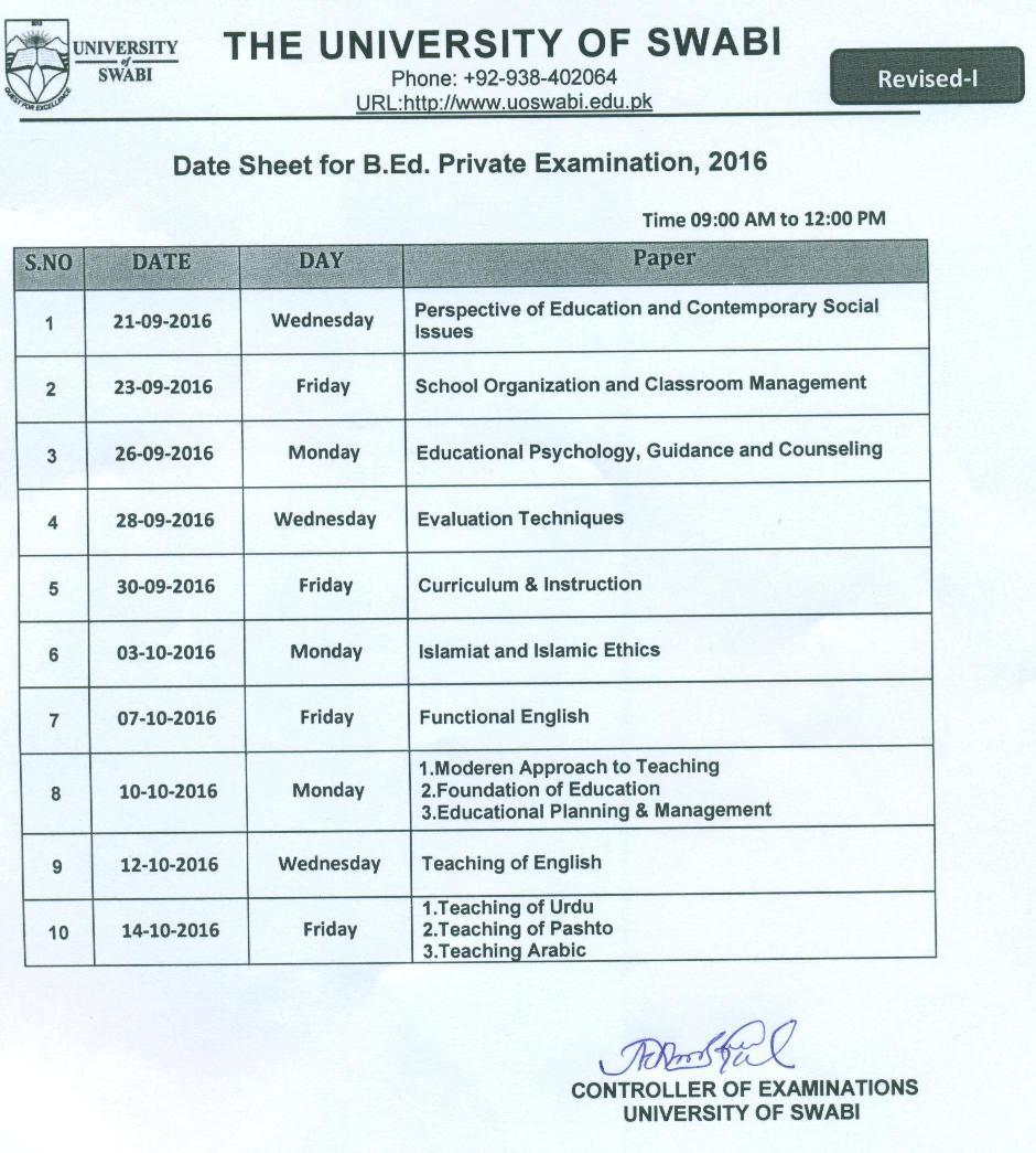 Date Sheet for B.Ed Private Examination 2016