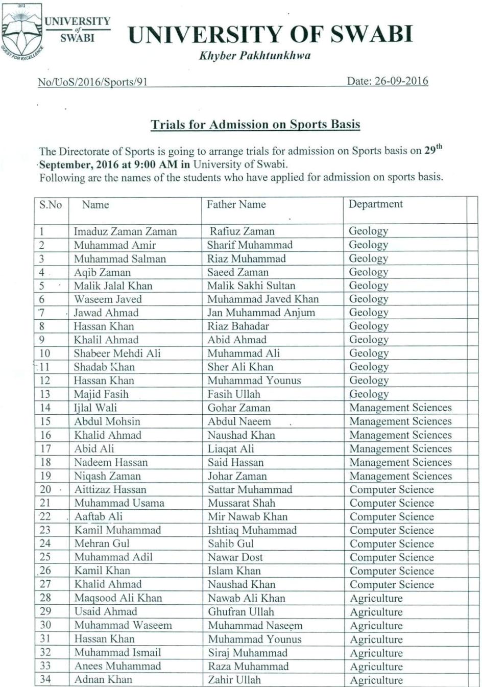Trials for Admissions on Sport Seats, Bachelors Fall 2016 - Page 1 of 2