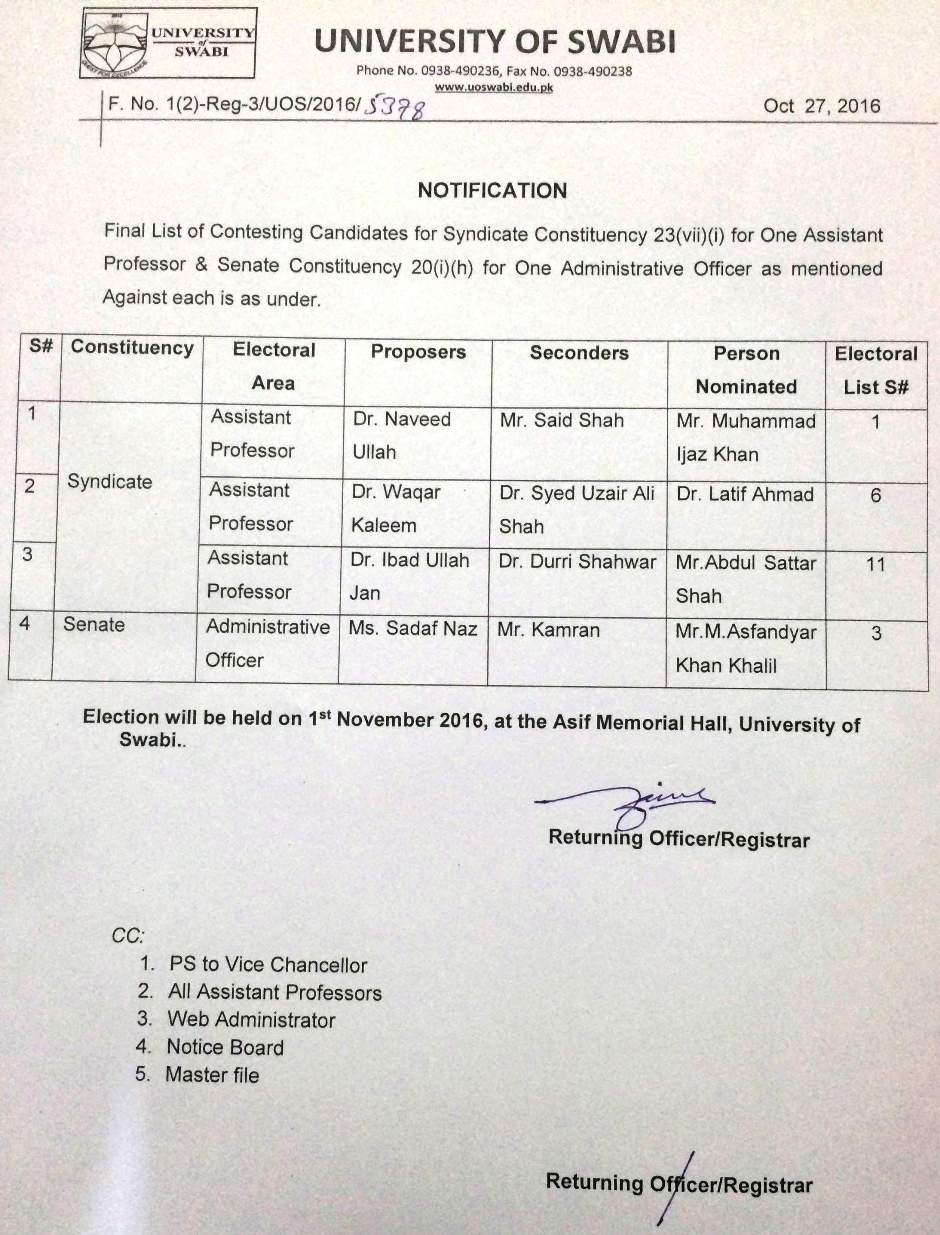 Final List of Contesting Candidates for Senate and Syndicate Constituencies