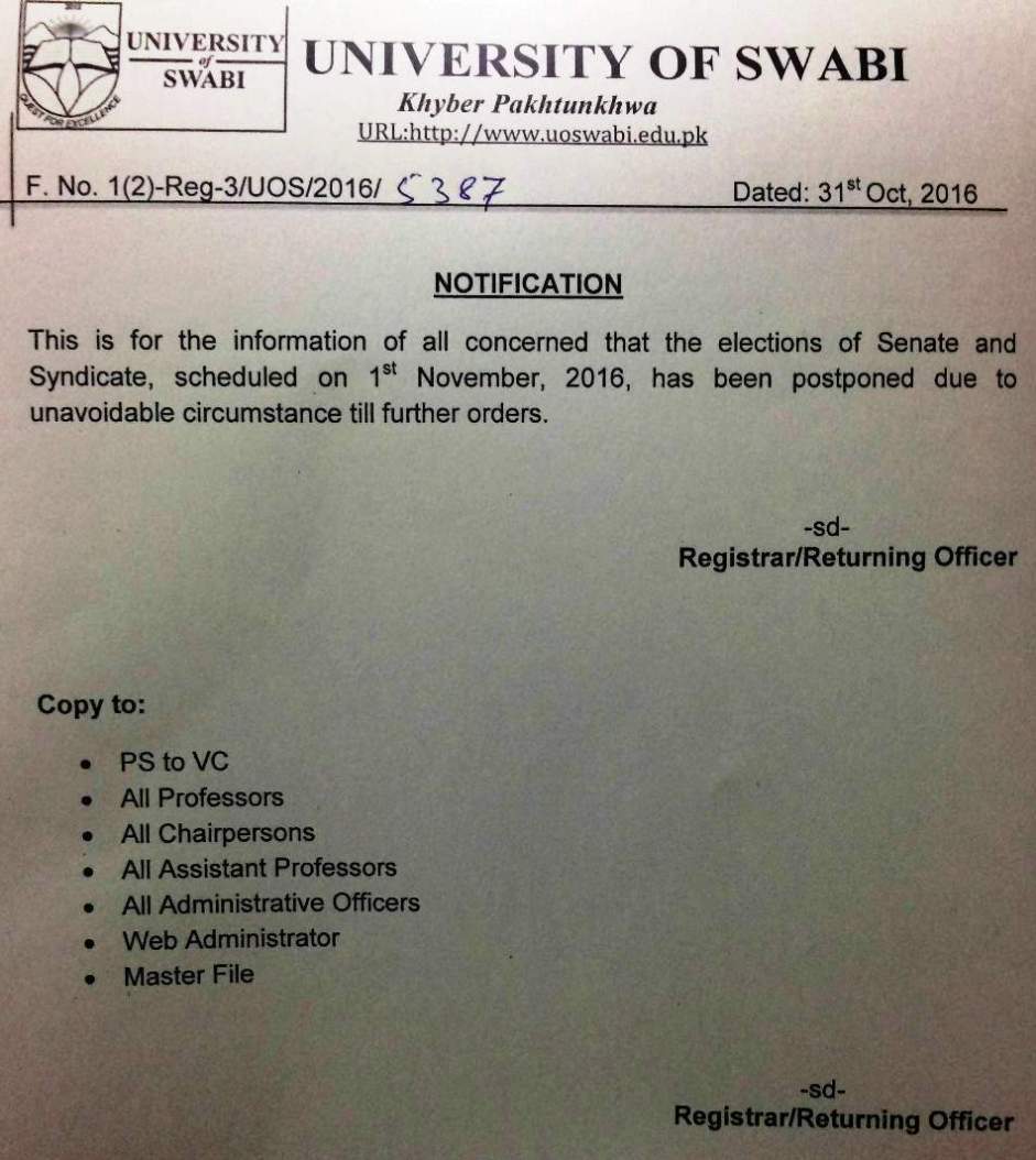Notification Regarding Postponement of the Senate and Syndicate Election 2016