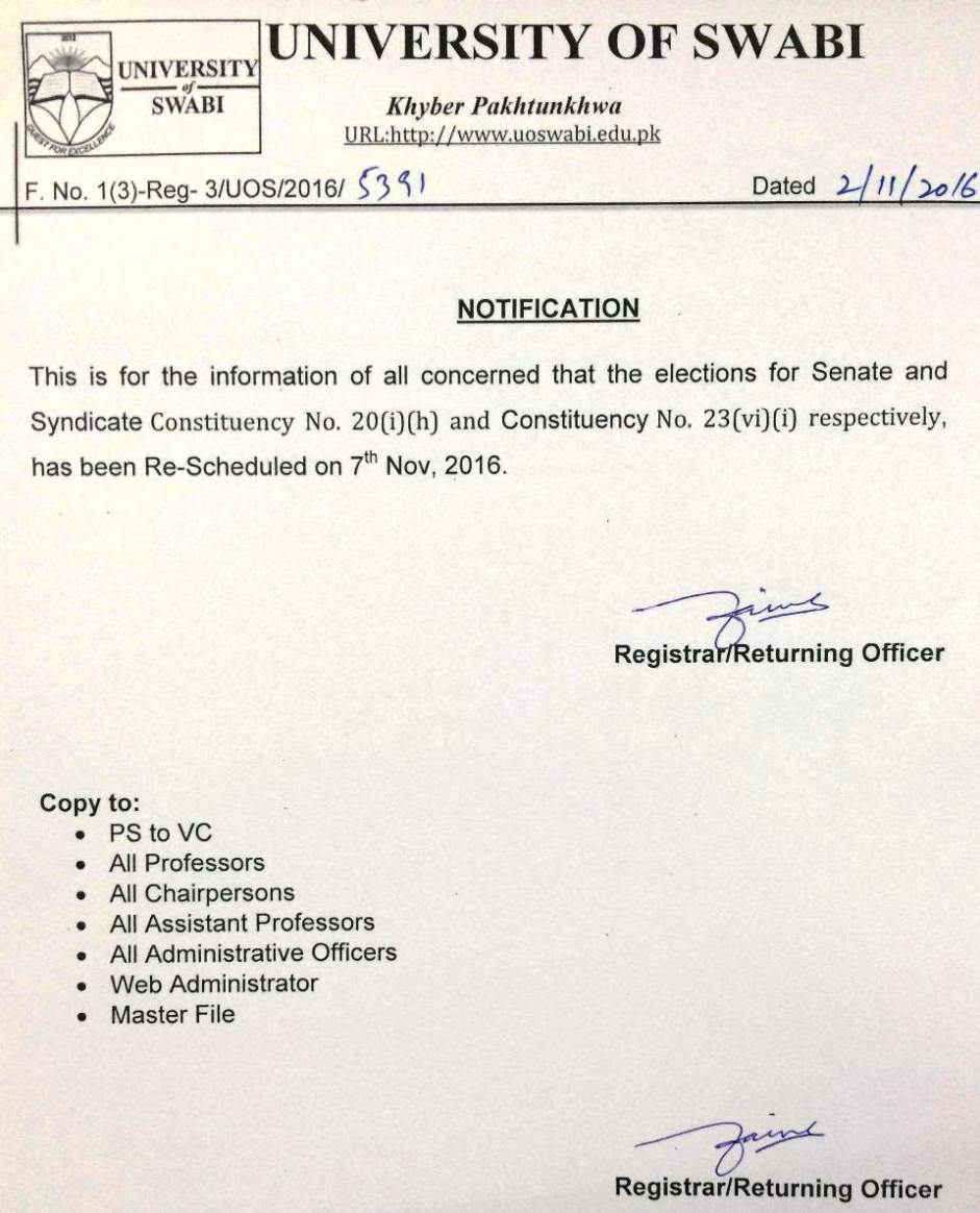 Notification of Elections for Senate and Syndicate Constituencies - 2016