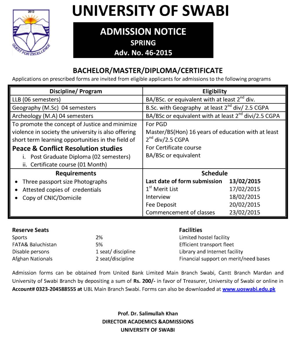 ADMISSION NOTICE SPRING Adv. No. 46-2015