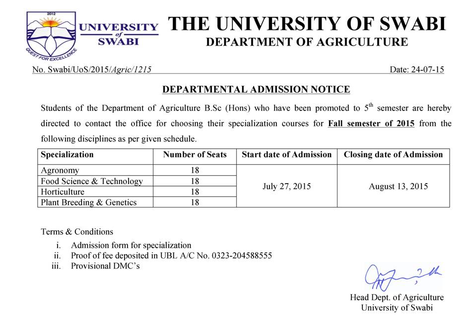 Admission for 5th Semester Students, Department of Agriculture