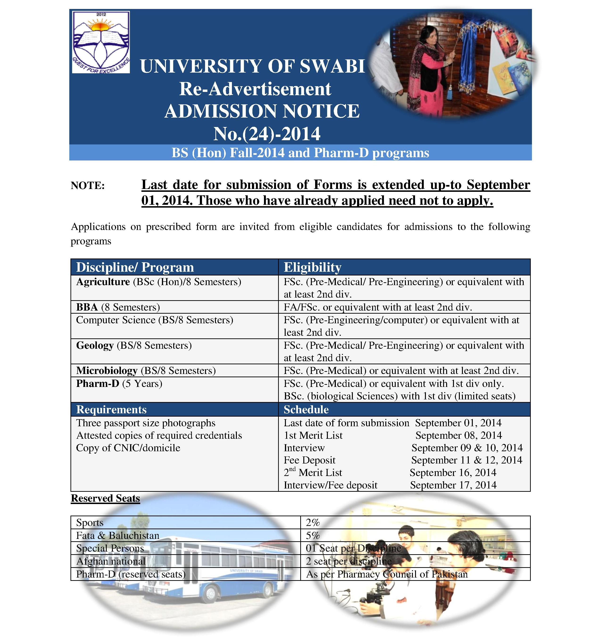 ADMISSION NOTICE BS (Hon) Fall-2014 and Pharm-D programs