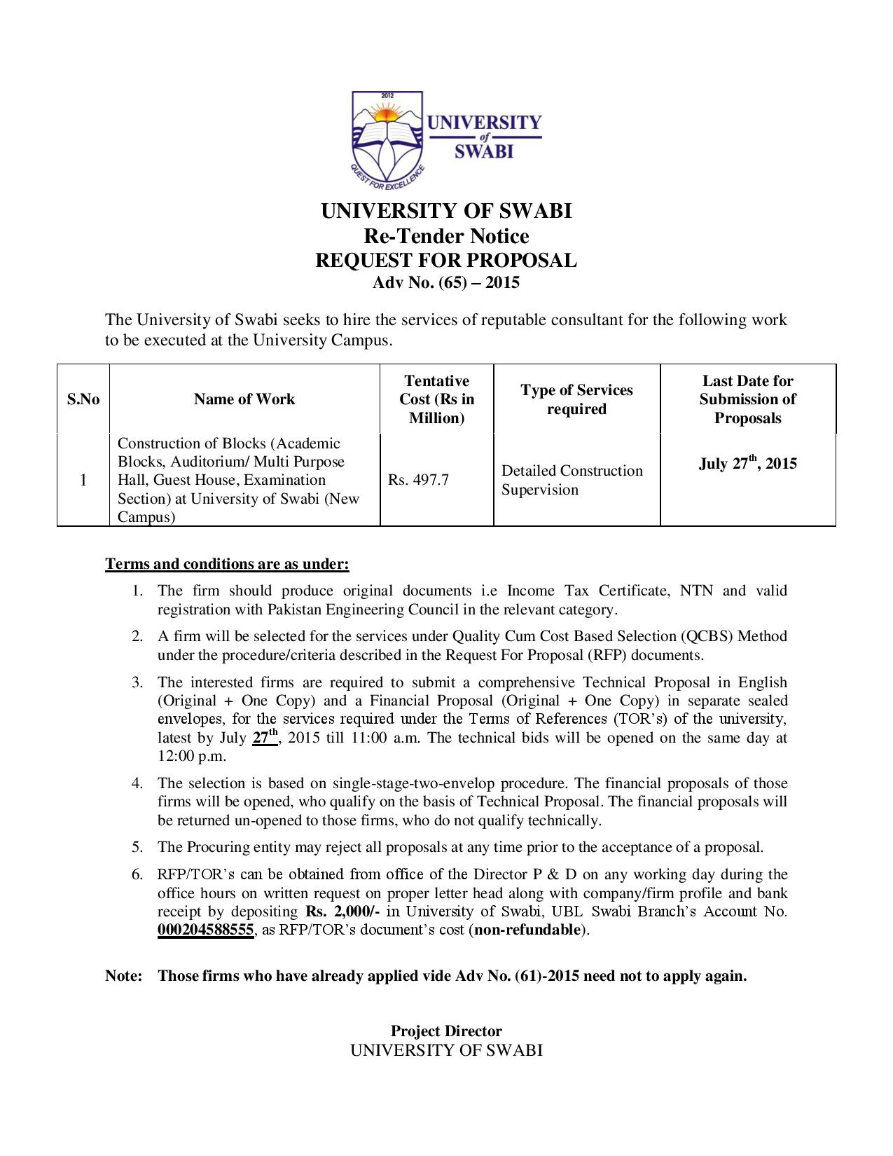 UNIVERSITY OF SWABI Re-Tender Notice REQUEST FOR PROPOSAL Adv No. (65) – 2015