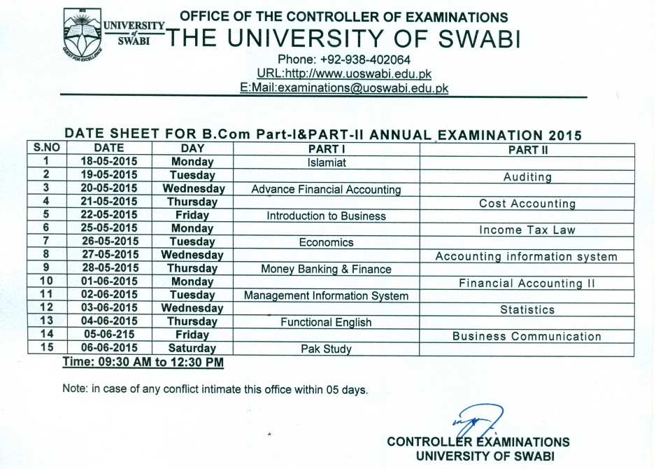 DATE SHEET FOR B.com PART-I AND PART-II ANNUAL EXAMINATION 2015