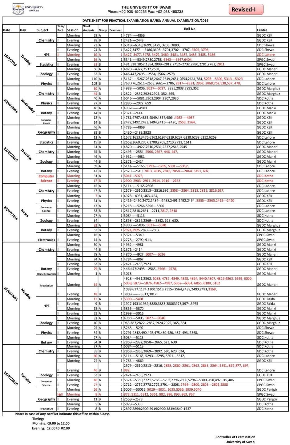 DATE SHEET FOR PRACTICAL EXAMINATION BA/BSc ANNUAL EXAMINATION/2016