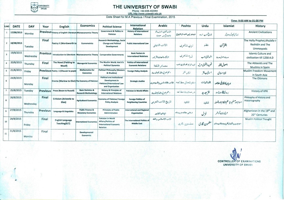Date Sheet For MA Previous/ Final Examination, 2015