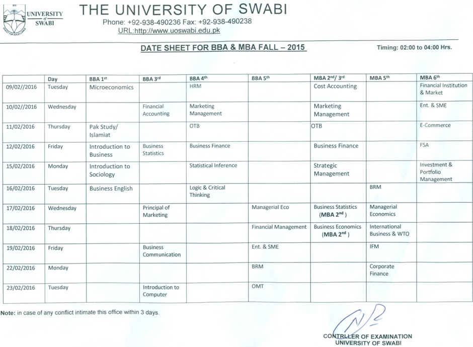 Date Sheet For BBA & MBA Fall 2015