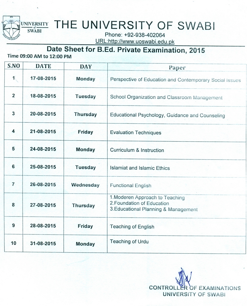 Date Sheet For B.Ed Private Examination, 2015