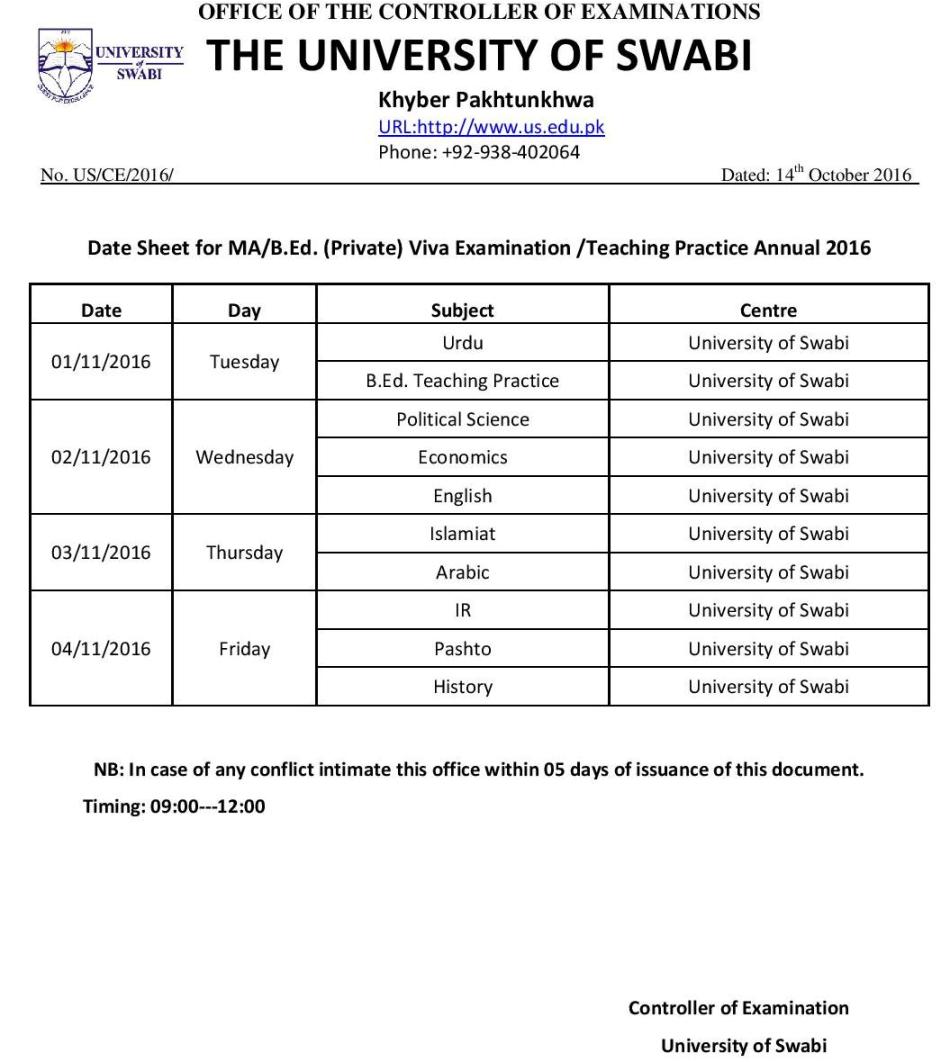 Date Sheet for MA/B.Ed. (Private) Viva Examination /Teaching Practice Annual 2016