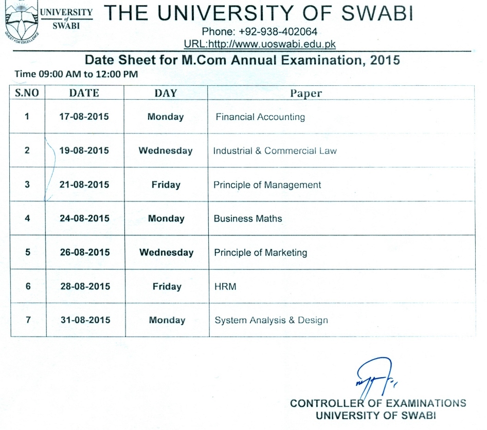 Date Sheet for M.Com Annual Examination 2015