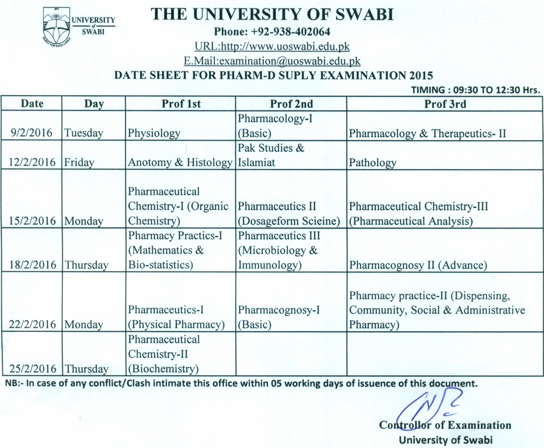 Date Sheet for Pharm-D Supply Examination 2015
