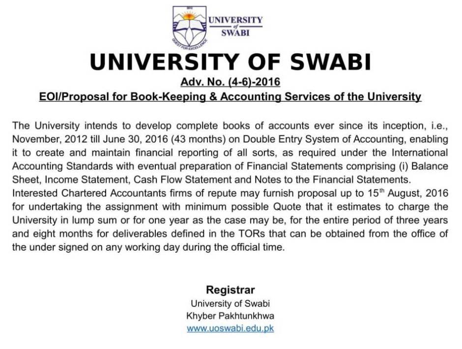 EOI/Proposal for Book-Keeping & Accounting Services of the University