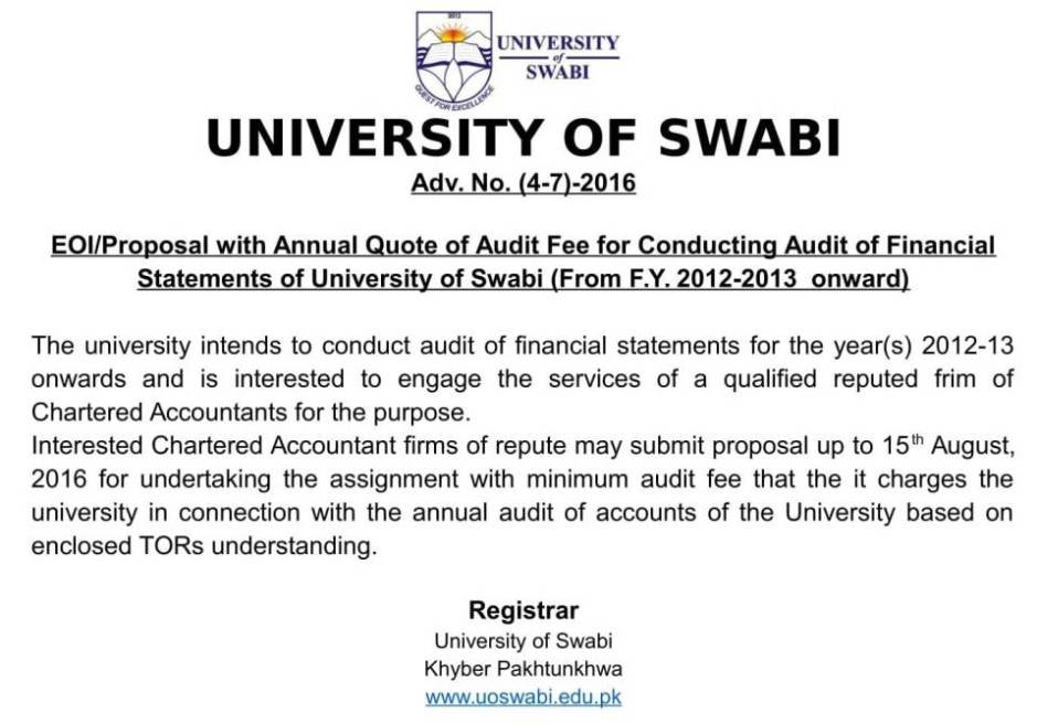 EOI/Proposal with Annual Quote of Audit Fee for Conducting Audit of Financial Statements of University of Swabi (From F.Y. 2012-2013  onward)