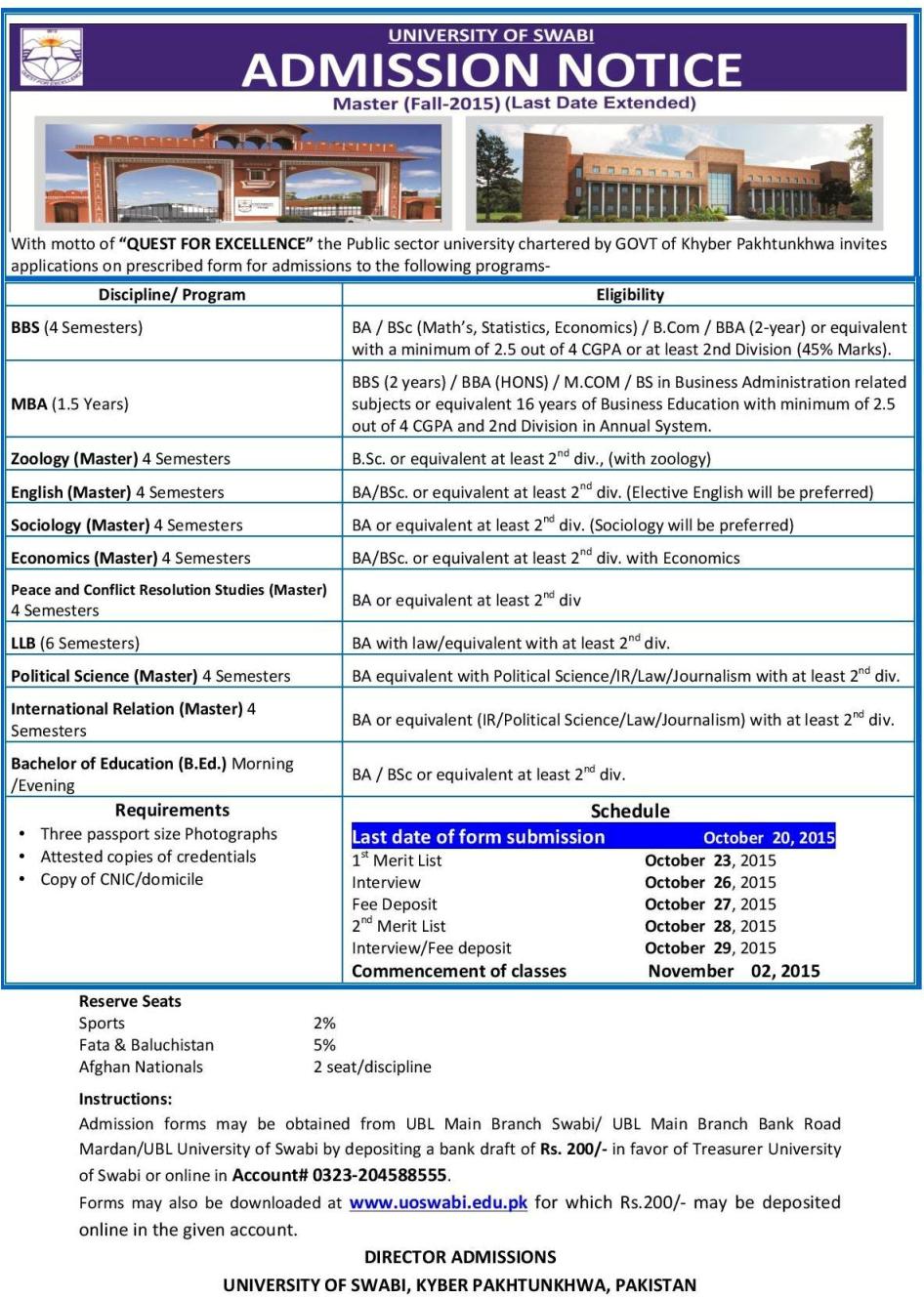 Last Date Extended Admission Notice Master Programs