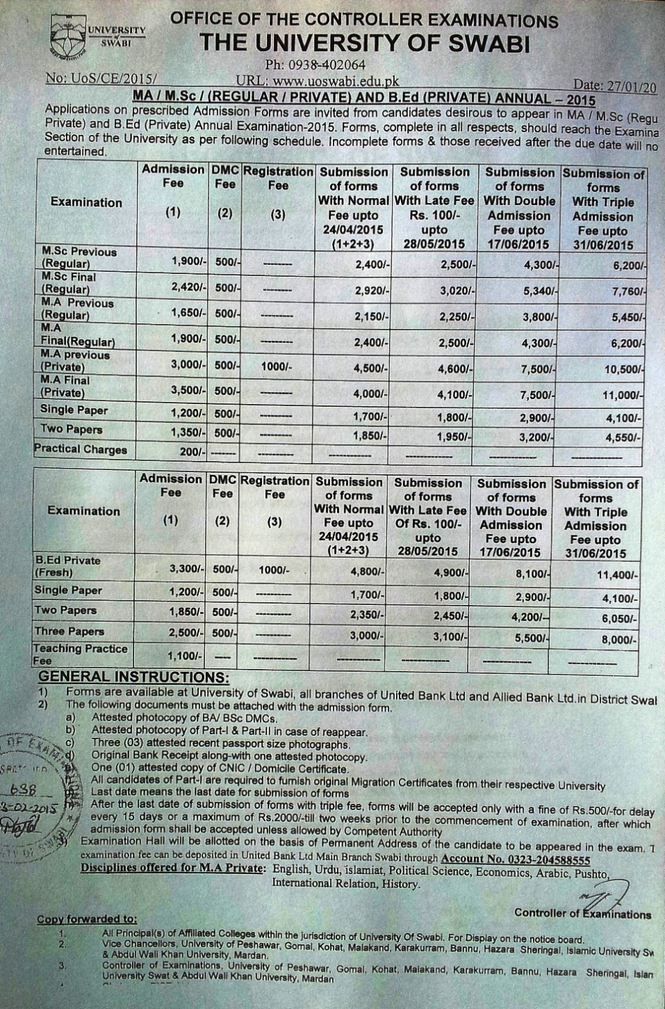 M.A / M.Sc (REGULAR / PRIVATE) AND B.Ed (PRIVATE) ANNUAL EXAMINATION - 2015