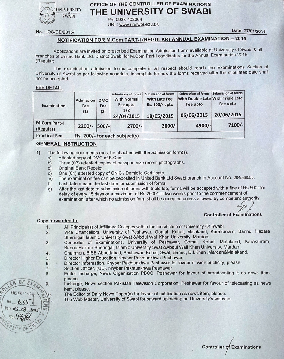 M.Com PART-I (REGULAR) ANNUAL EXAMINATION - 2015