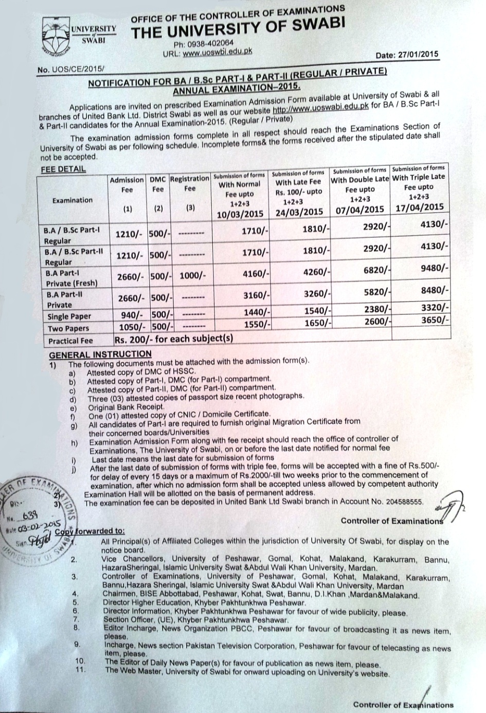 NOTIFICATION FOR BA/B.Sc PART-I & PART-II (REGULAR / PRIVATE) ANNUAL EXAMINATION-2015