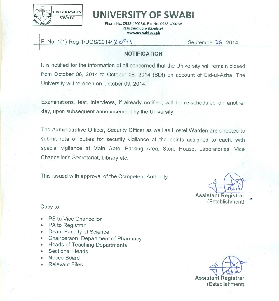 Notification regarding Eid Holidays