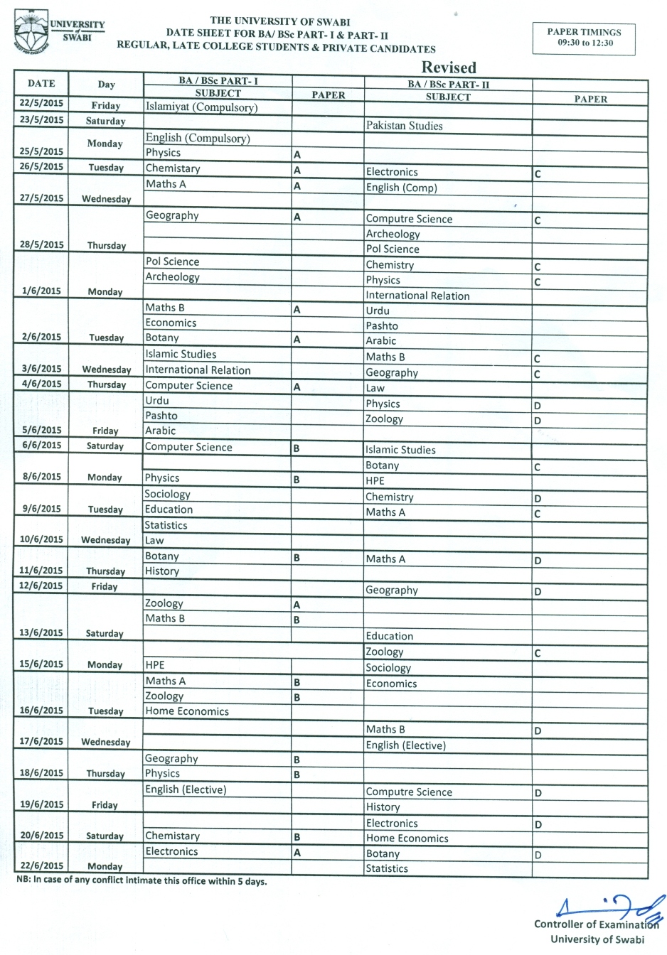 REVISED DATE SHEET FOR BA/BSc PART-I & PART-II REGULAR, LATE COLLEGE STUDENTS AND PRIVATE CANDIDATES