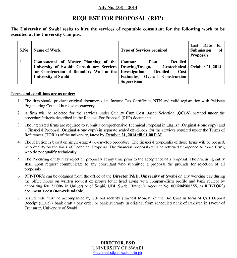 REQUEST FOR PROPOSAL (RFP) Adv No. (33) 2014