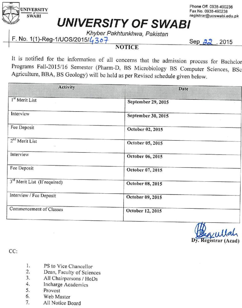 Revised Admission (Merit list) Schedule for Bachelor Programs