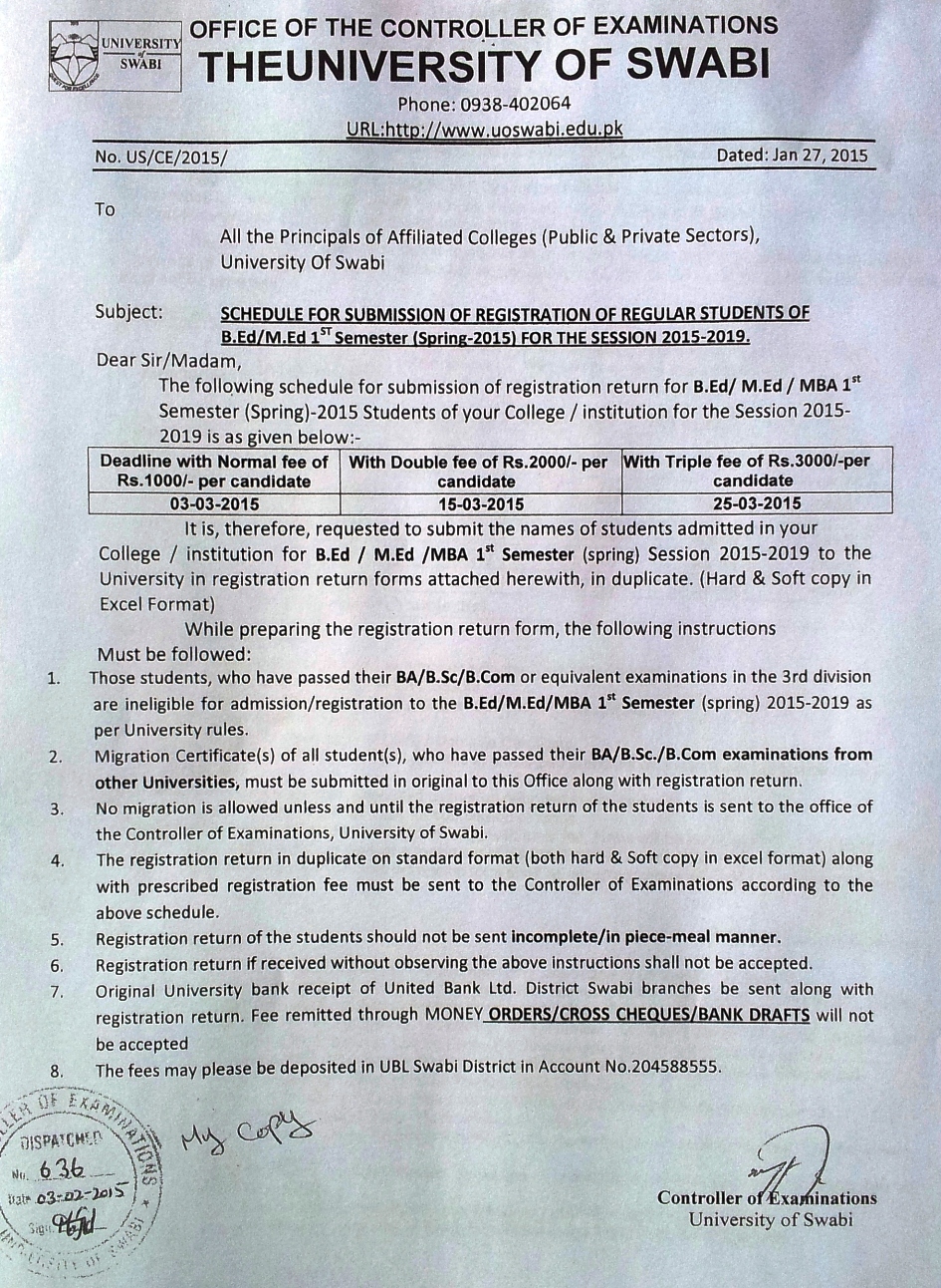 SCHEDULE FOR SUBMISSION OF REGISTRATION OF REGULAR STUDENTS OF B.Ed / M.Ed 1st SEMESTER (SPRING 2015) FOR THE SESSION 2015-2019