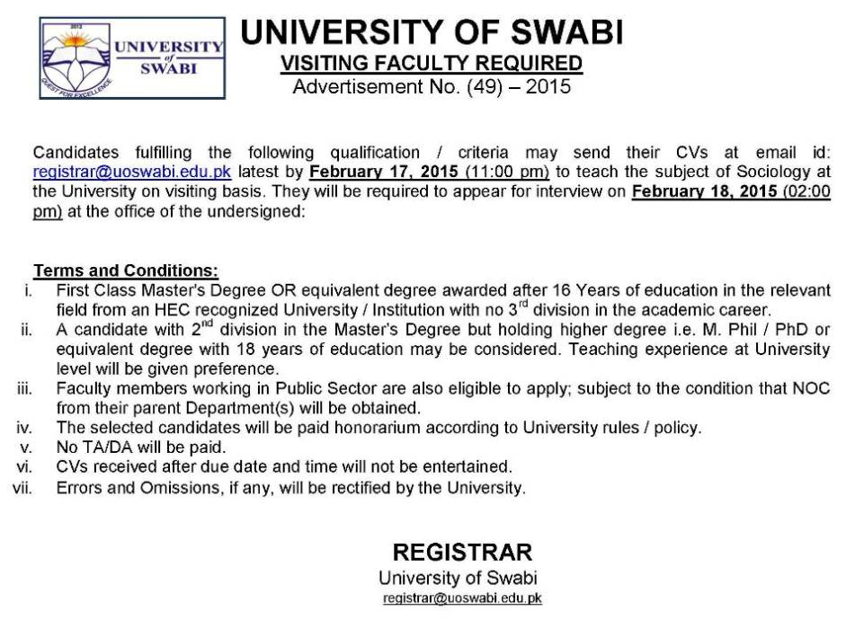 VISITING FACULTY REQUIRED Advertisement No. (49) 2015