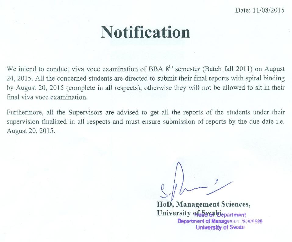 Via Voce Examination BBA 8th Semester (Batch Fall 2011)