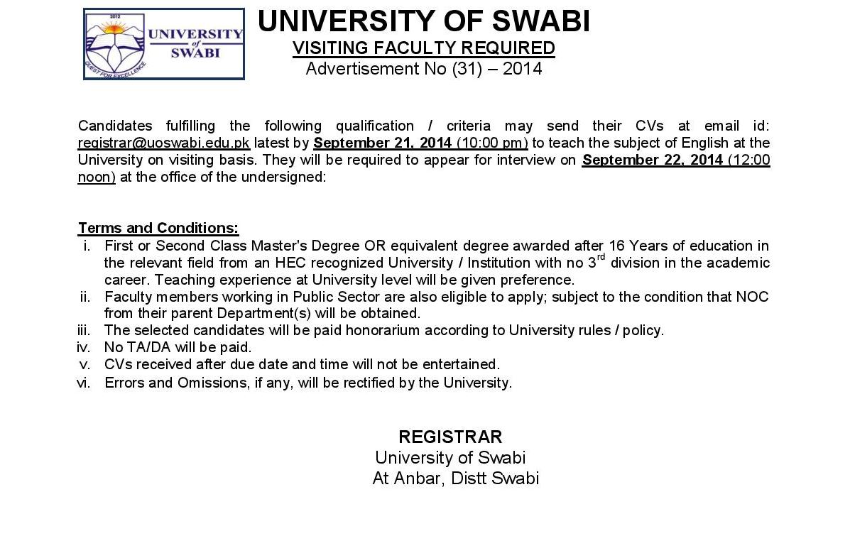 VISITING FACULTY REQUIRED Advertisement No (31) 2014