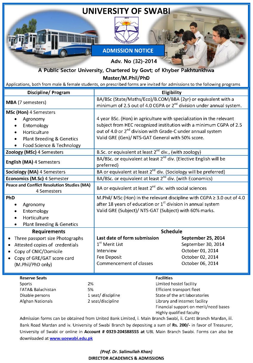 ADMISSION NOTICE for Master/M.Phil/PhD Adv. No (32)-2014