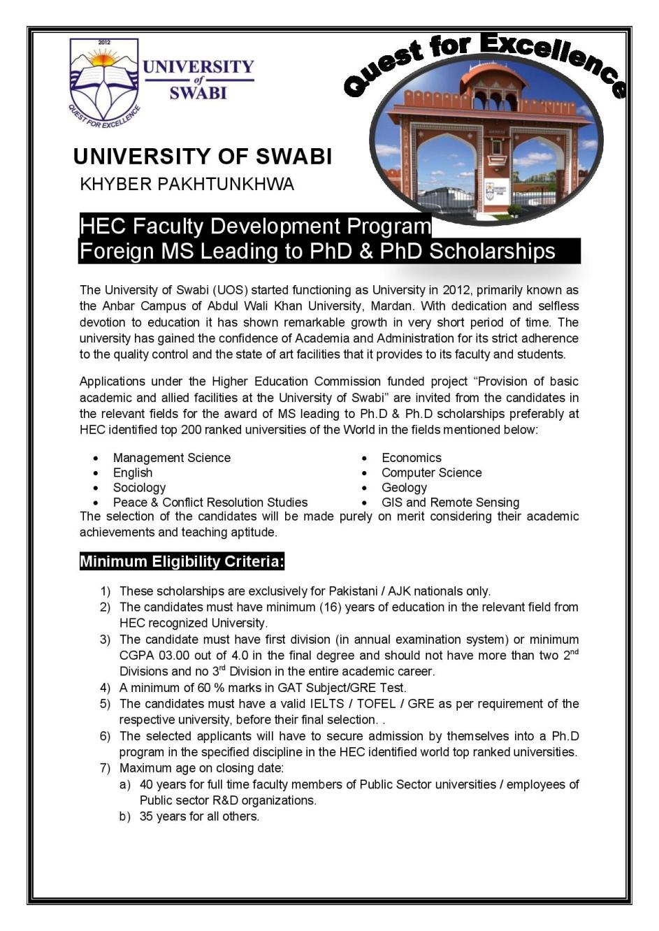 HEC Faculty Development Program Foreign MS Leading to PhD & PhD Scholarships