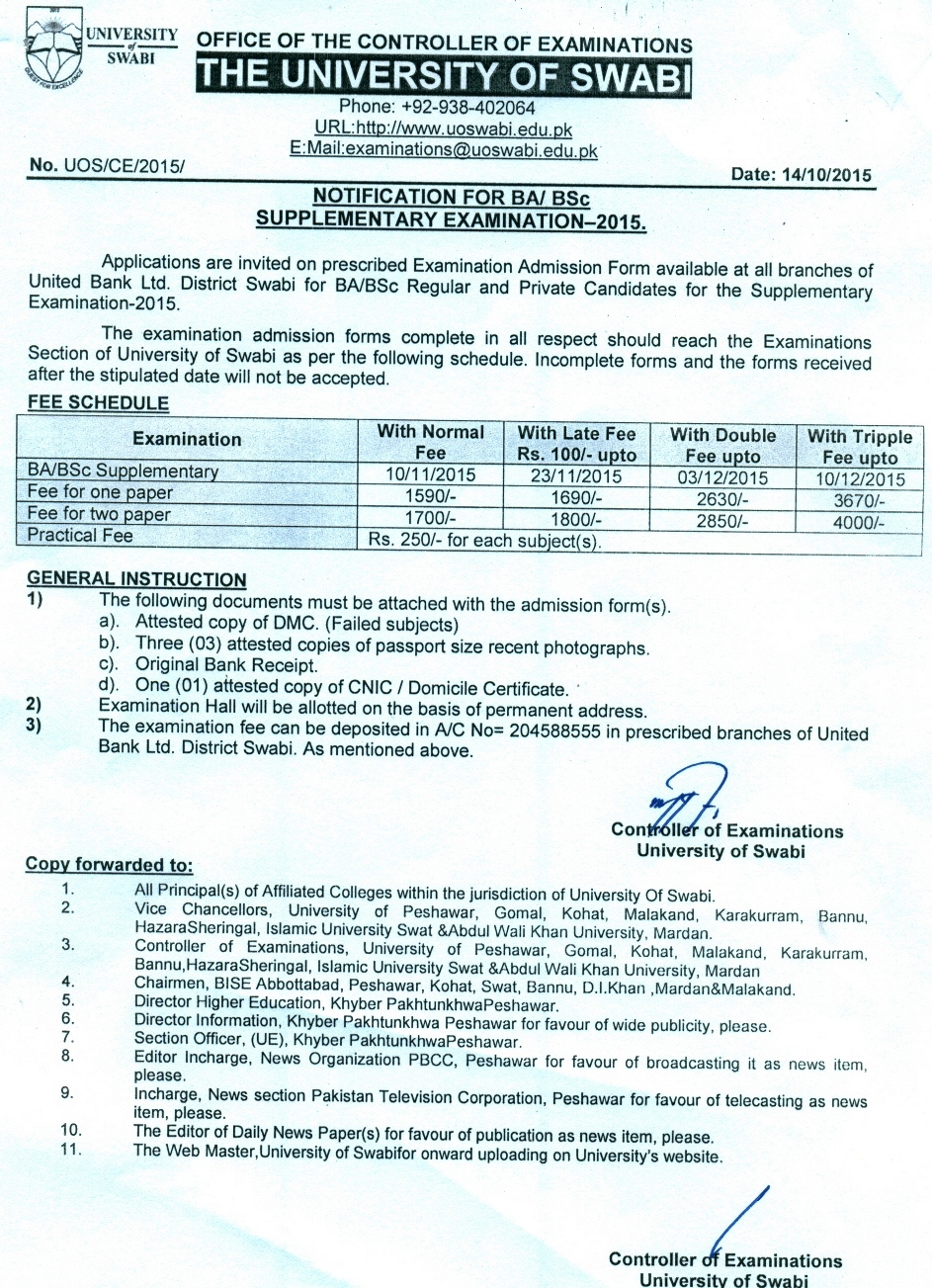 B.A/ B.Sc Supplementary Examination 2015 