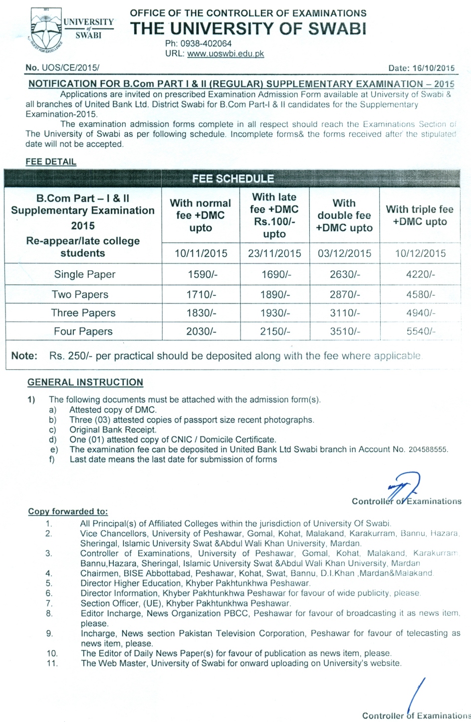 B.Com Part I & II (Regular) Supplementary Examination 2015