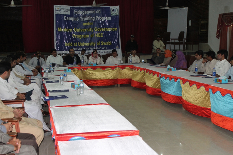 Professor Dr. Noor Jehan, Vice Chancellor University of Swabi sinaugurating the Indigenous-on-Campus Training Workshop under Modern University Governance Program of HEC on Sep 02, 2014.
