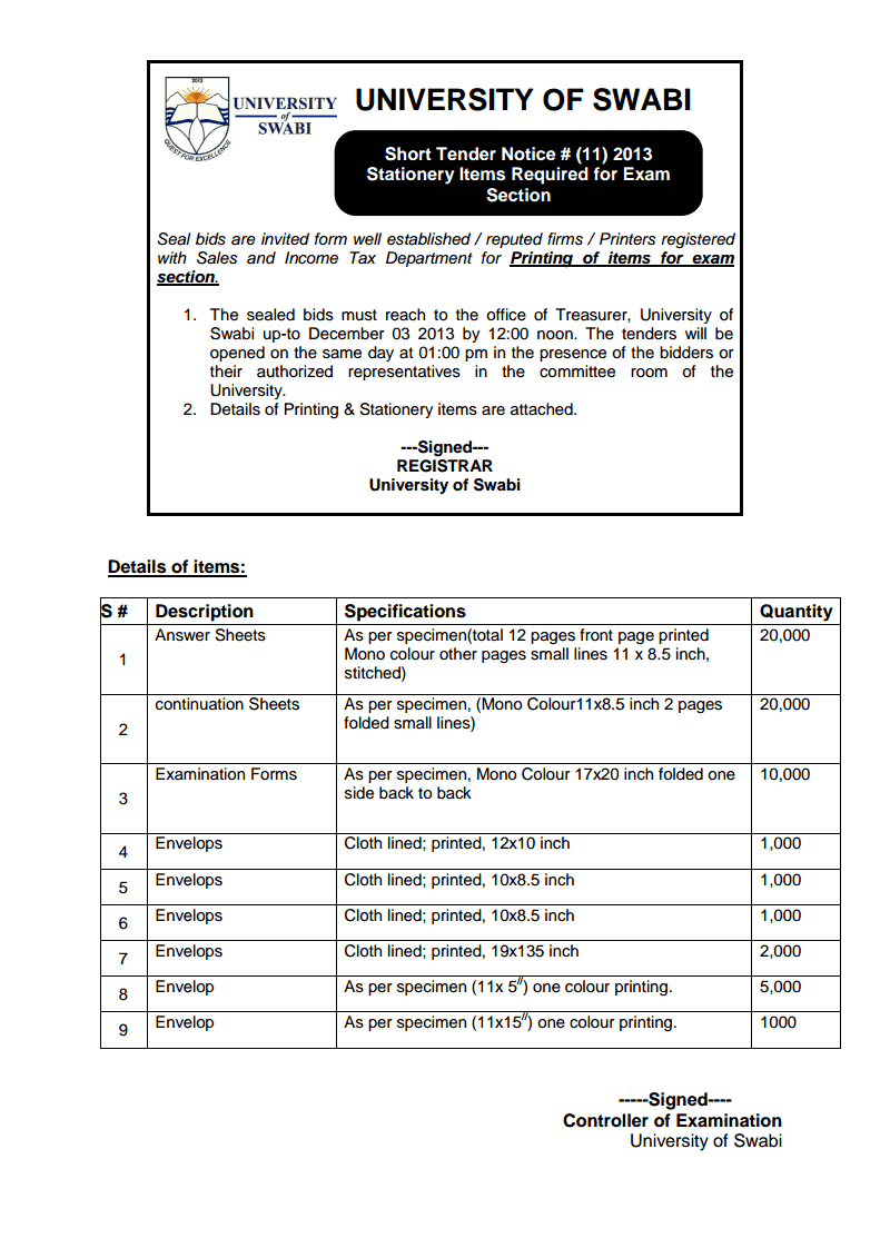 Short Tender Notice # (11) 2013   Stationery Items Required for Exam   Section